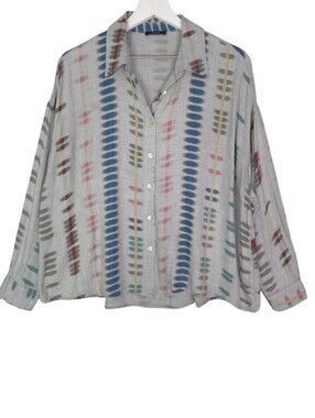 Parfois Boxy Light‎ Gray Button-Up Shirt with Multi-Color Vertical Pattern